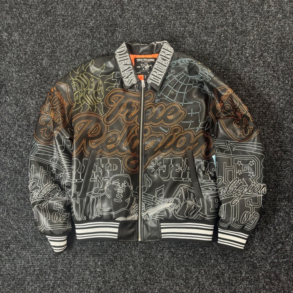 True Religion Trophy Retro Bomber Jacket Black Faux Leather SMS Sample 110342 M